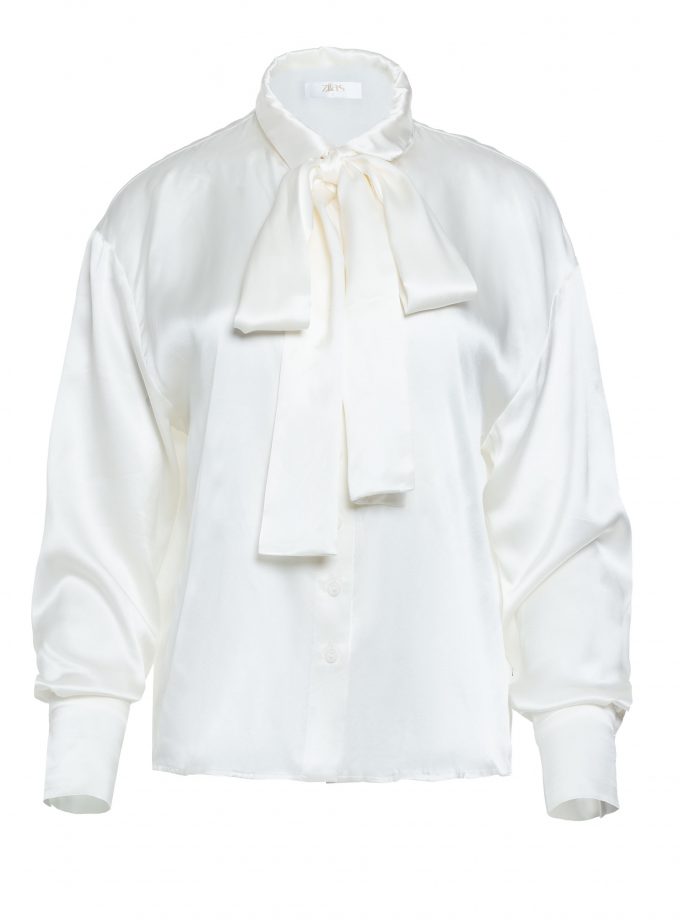off-white silk blouse with a bow