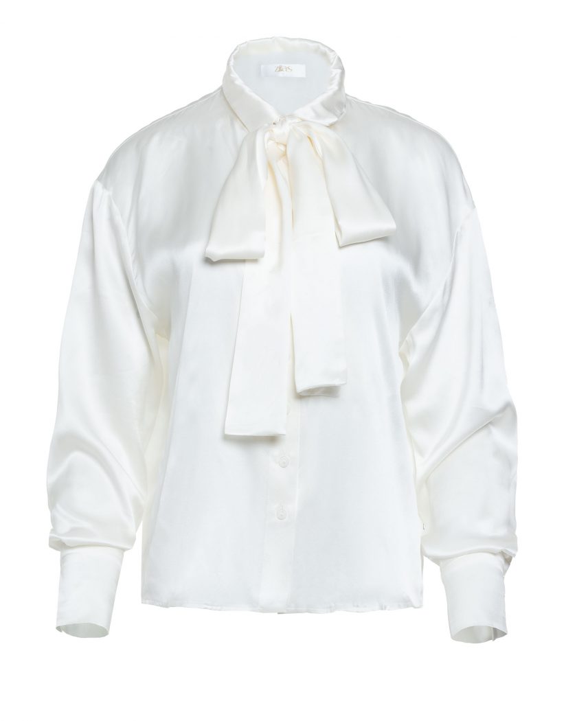off-white silk blouse with a bow