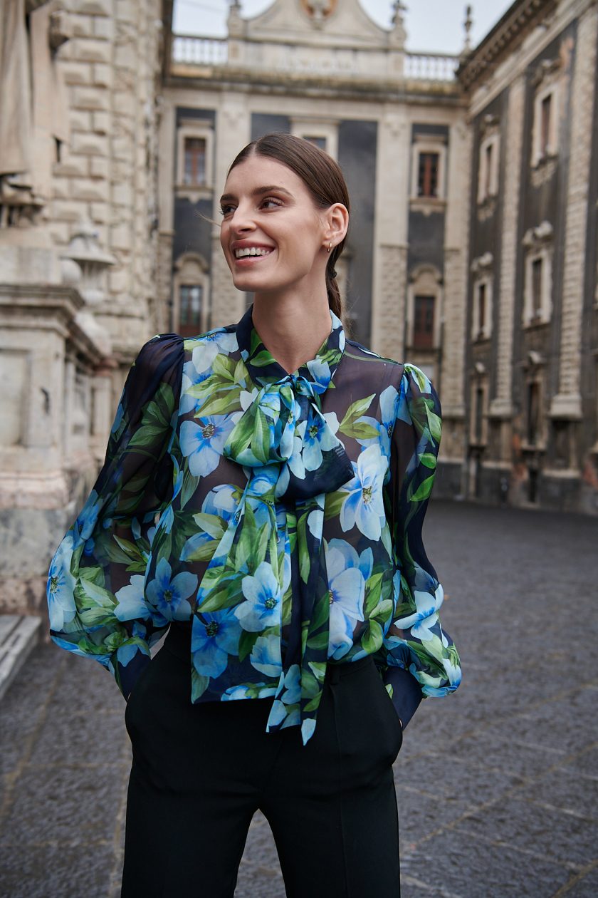 blue silk-blouse with bow