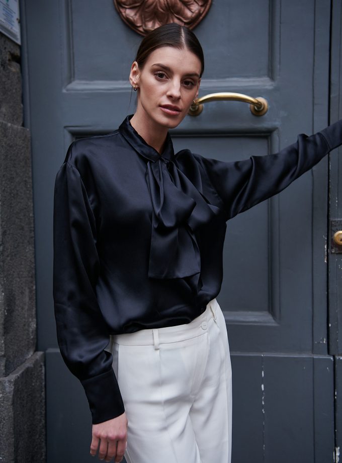 black silk blouse with bow