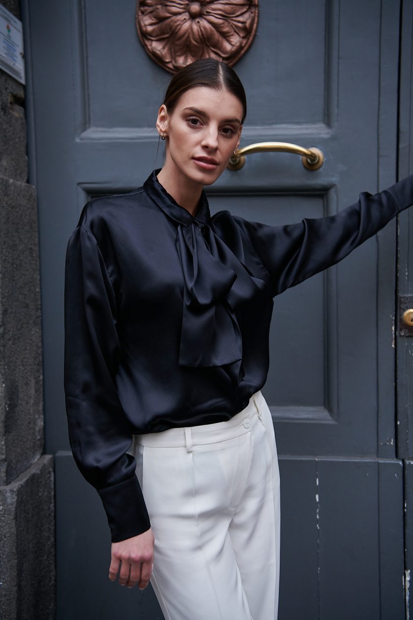 black silk blouse with bow